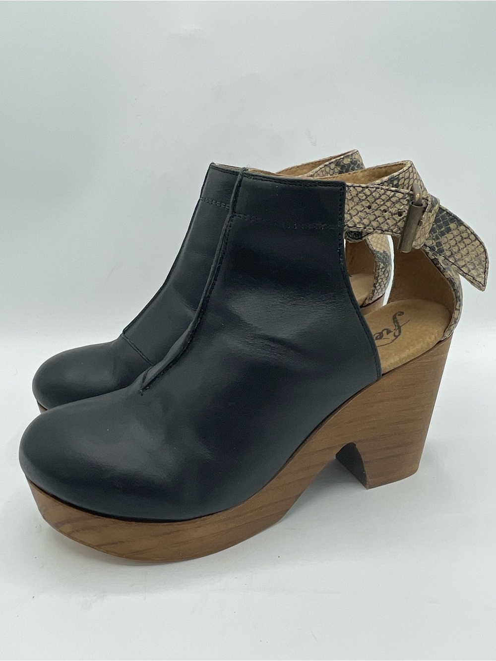 Free People Black Leather Platform Clog Heels with Snakeskin Print Back.